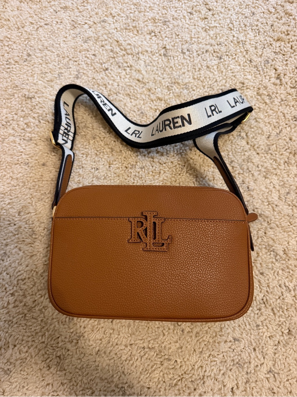 Lauren Ralph Lauren Tan Pebbled Leather Crossbody with Branded Web Strap